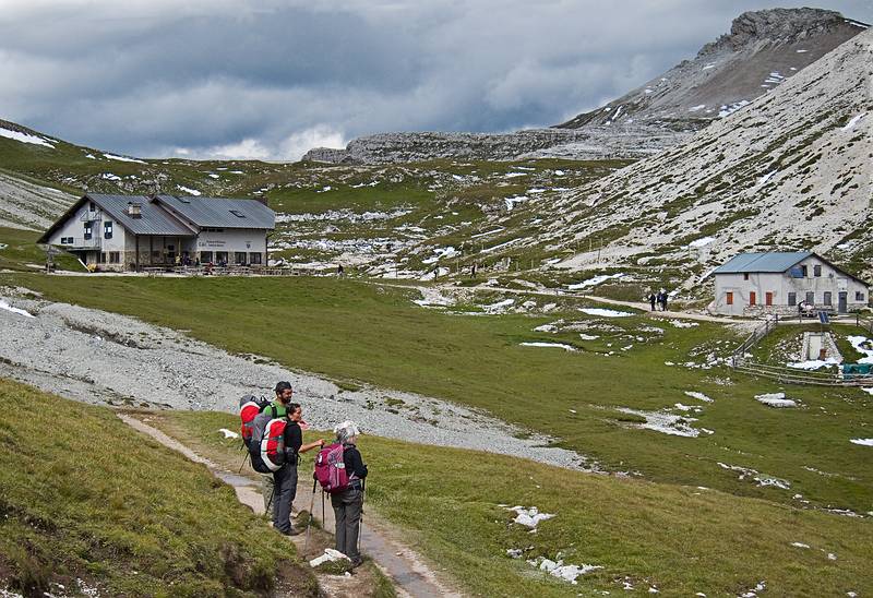 Sati, Melody, and Joyce.<br />Finally, our goal is in sight.<br />Hike from Seceda cable car terminal to Puez hut.<br />July 26, 2011 - NE of St. Ulrich/Ortisei, Italy.