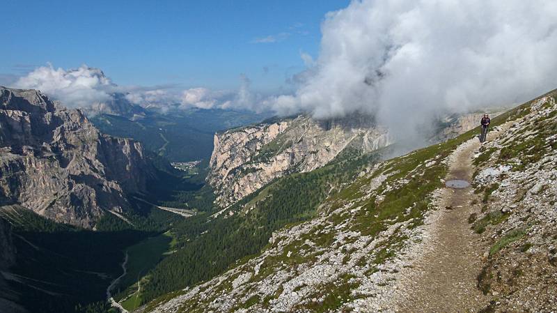 Joyce backtracking W on trail #2.<br />July 27, 2011 - Hike from Puez Hut to Wolkenstein, South Tyrol, Italy.