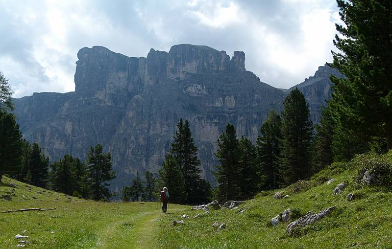 Joyce heading down into the valley on trail #16.<br />July 27, 2011 - Hike from Puez Hut to Wolkenstein, South Tyrol, Italy.