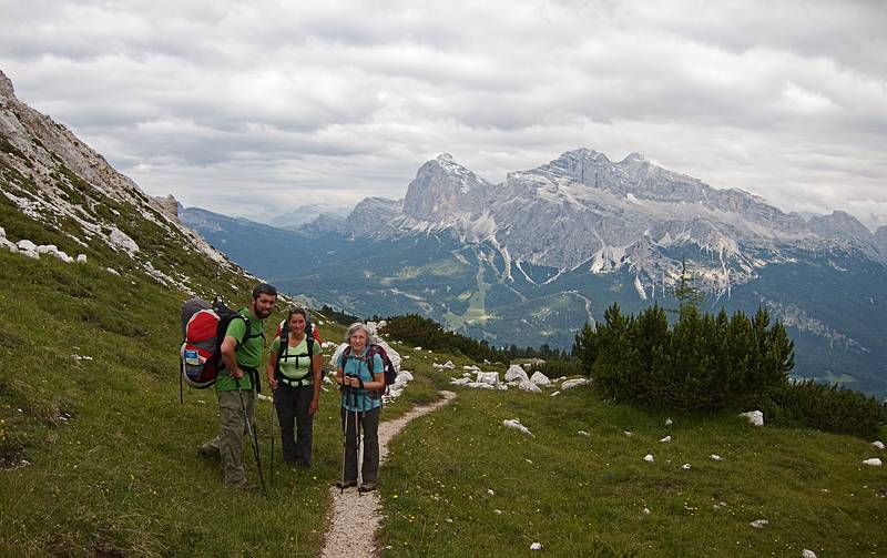 Sati, Meloldy and Joyce near start of hike on trail #213.<br />Hike from cable car terminal at Rifugio Faloria to Rifugio Vandelli near Lake Sorapiss.<br />July 29, 2011 - East of Cortina d' Ampezzo, Italy.