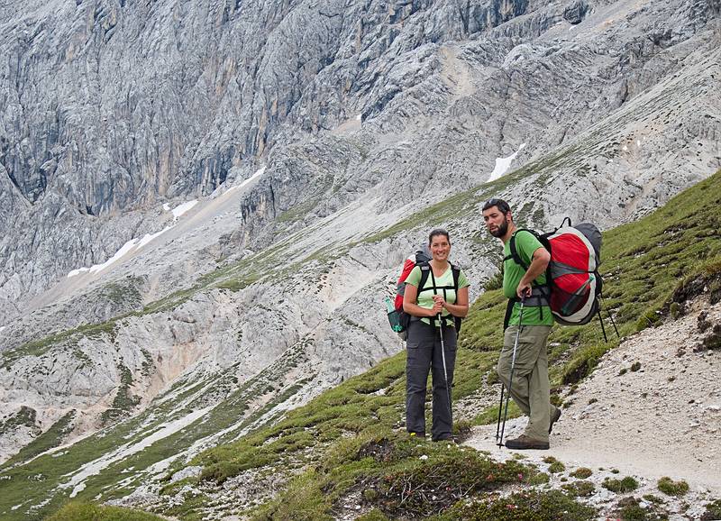 Melody and Sati on trail #213, waiting for us slowpokes, especially when I'm taking a snapshot (or two...)<br />Hike from cable car terminal at Rifugio Faloria to Rifugio Vandelli near Lake Sorapiss.<br />July 29, 2011 - East of Cortina d' Ampezzo, Italy.