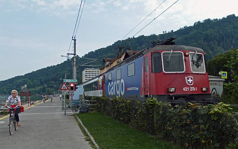 Swiss train wizzing by the lakeshore.<br />August 3, 2011 - Bregenz, Austria.