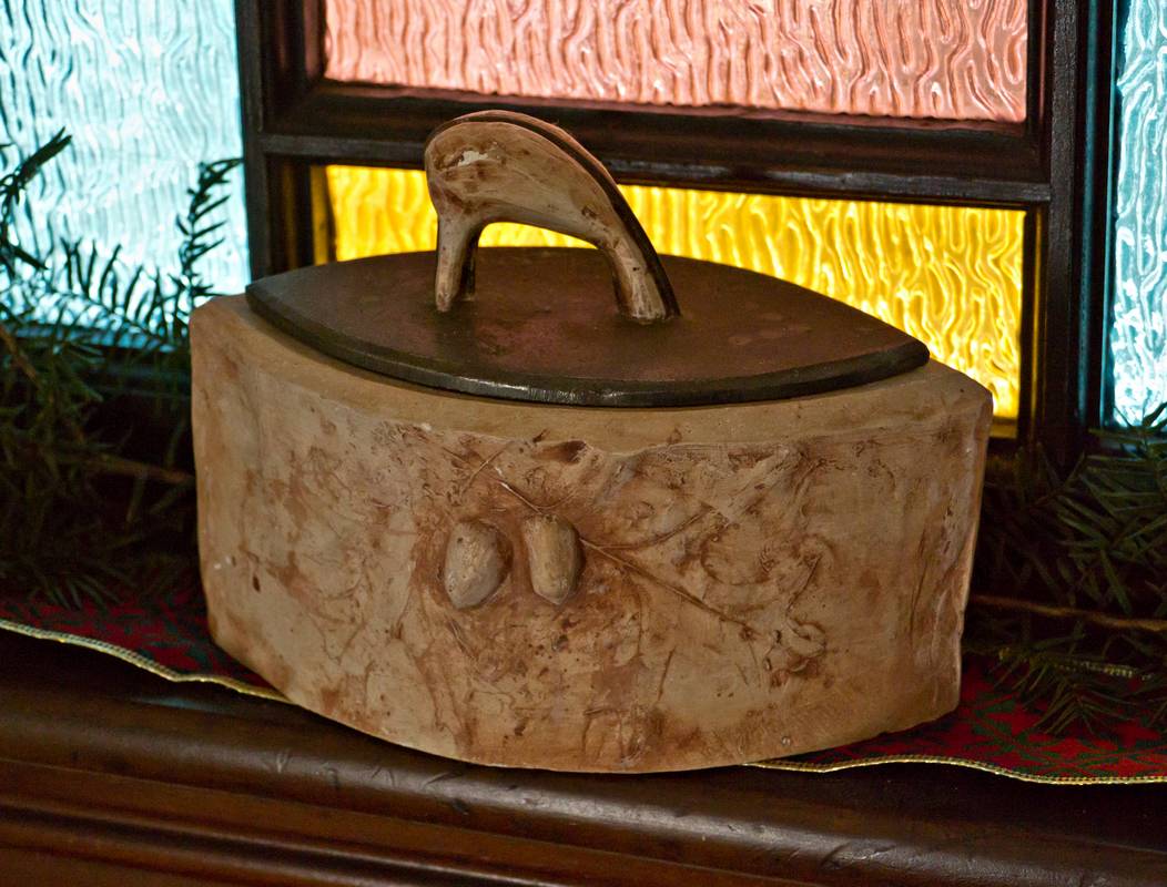 Container made of  hydracal and steel by Joyce.<br />Jan. 25, 2012 - Merrimac, Massachusetts.