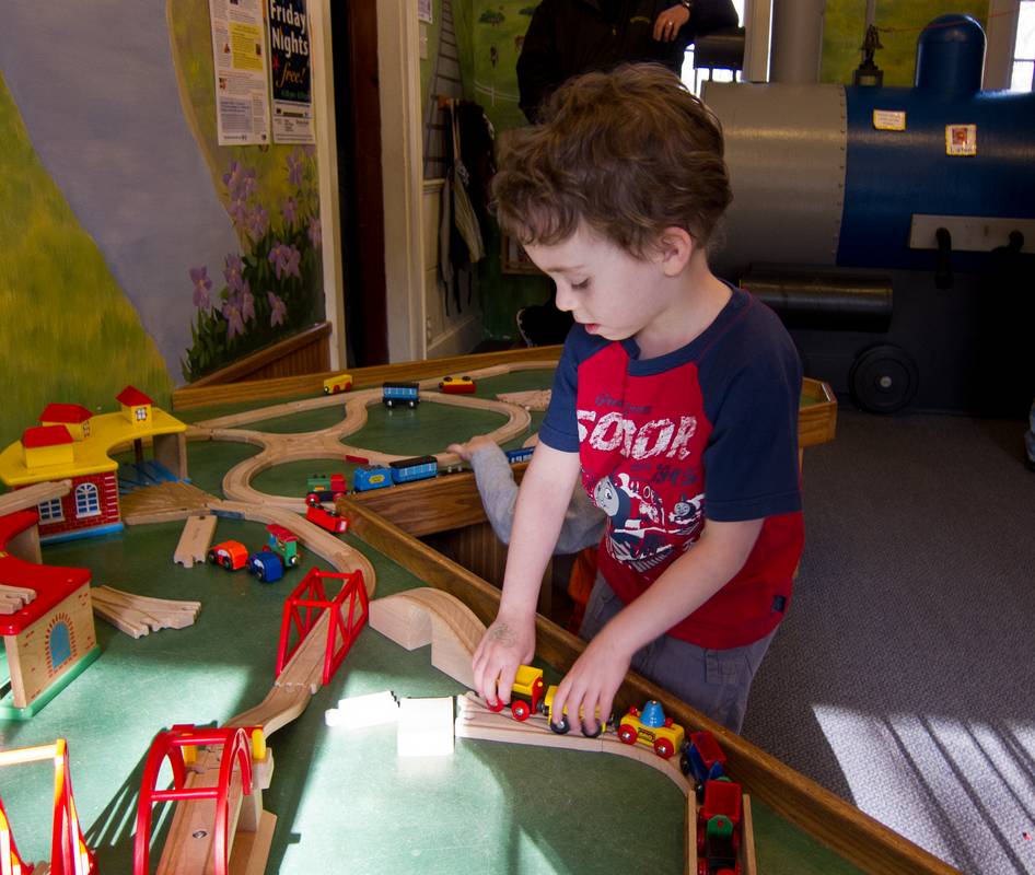 Matthew playing with trains.<br />Jan. 28, 2012 - At the Discovery Museums in Acton, Massachusetts.