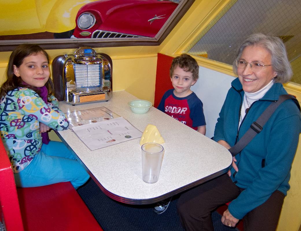Miranda, Matthew and Joyce relaxing in the 50s style diner.<br />Jan. 28, 2012 - At the Discovery Museums in Acton, Massachusetts.