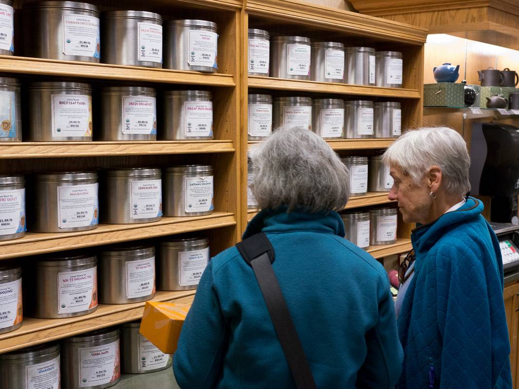 Joyce and Baiba trying to decide which tea to buy.<br />March 16, 2012 - Wegmans Supermarket, Hunt Valley, Maryland.