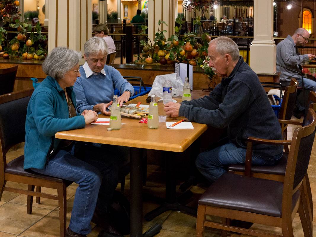 Joyce, Baiba, and Ronnie having lunch on some of the purchases.<br />March 16, 2012 - Wegmans Supermarket, Hunt Valley, Maryland.