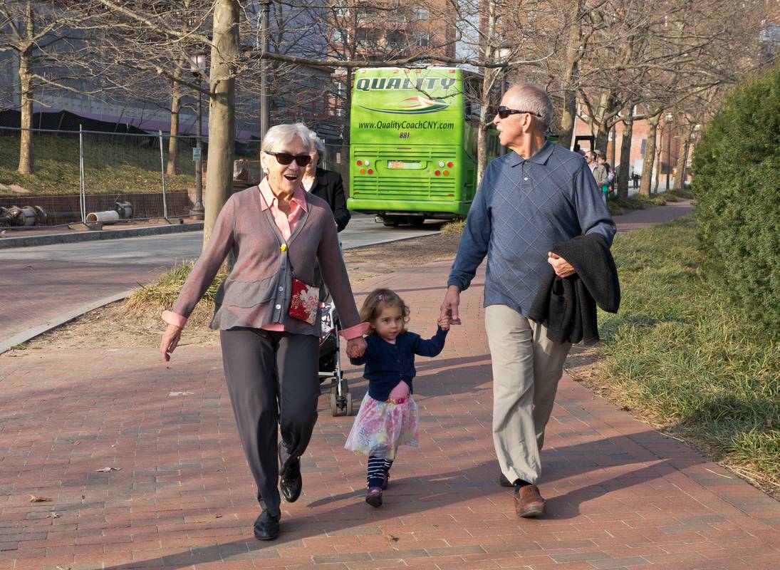Baiba, Alina, and Ronnie on way to Baiba's birthday dinner<br />at restaurant in the Batimore Museum of Art.<br />March 17, 2012 - Baltimore, Maryland.