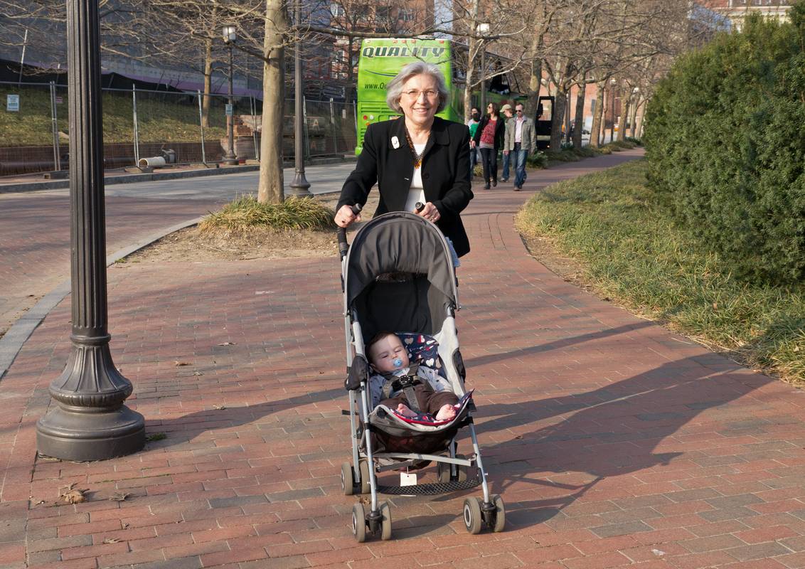 Joyce with Edgar on way to Baiba's birthday dinner<br />at restaurant in the Batimore Museum of Art.<br />March 17, 2012 - Baltimore, Maryland.