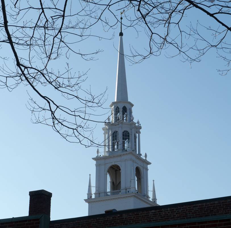 Steeple of Unitarian Universalist Church on Pleasant Street as seen from Inn Street.<br />March 8, 2012 - Newburyport, Massachusetts.