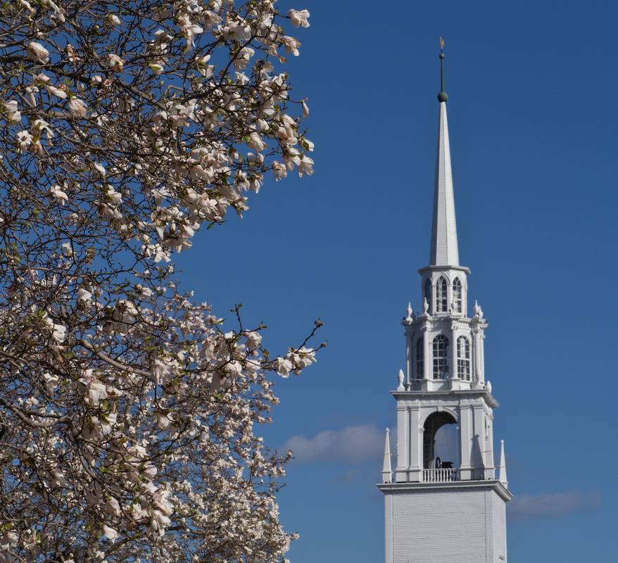 Unitarian Universalist Church steeple on Pleasant Street.<br />March 26, 2012 - Newburyport, Massachusetts.