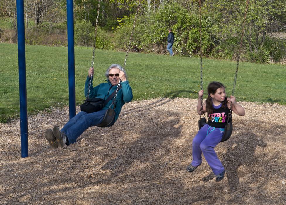 Joyce and Miranda on the swing.<br />April 28, 2012 - Winnekenni Park, Haverhill, Massachusetts.