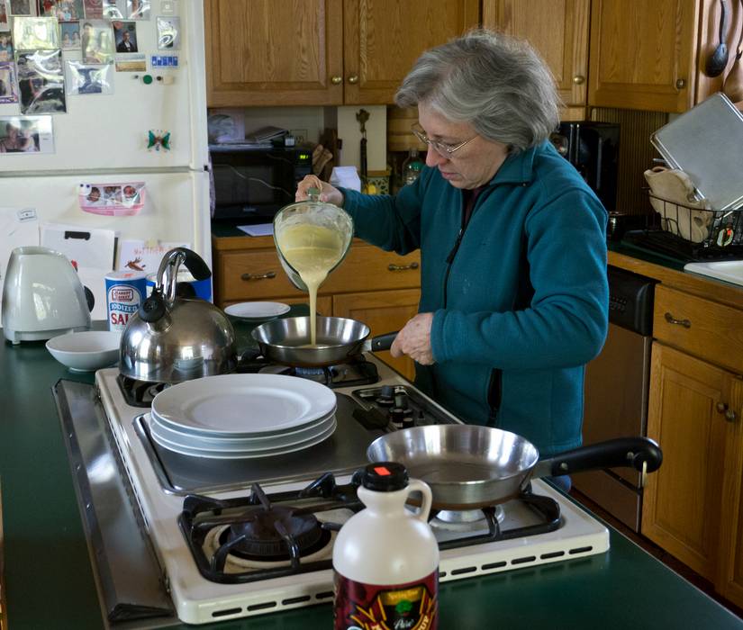 Joyce making crepes, Matthew's and Miranda's favorite breakfast food.<br />April 29, 2012 - Merrimac, Massachusetts.
