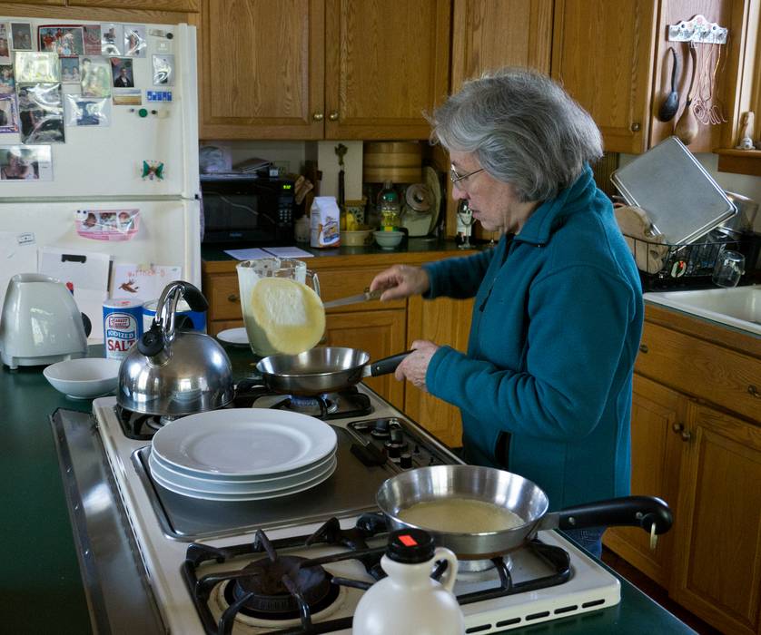 Joyce making crepes, Matthew's and Miranda's favorite breakfast food.<br />April 29, 2012 - Merrimac, Massachusetts.