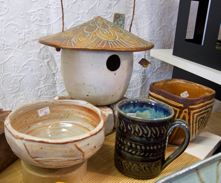 Pottery by Lisa Mistretta.<br />Joyce and I bought the birdhouse as our anniversay gift.<br />May 5, 2012 - Purple Sage Pottery, Merrimac, Massachusetts.