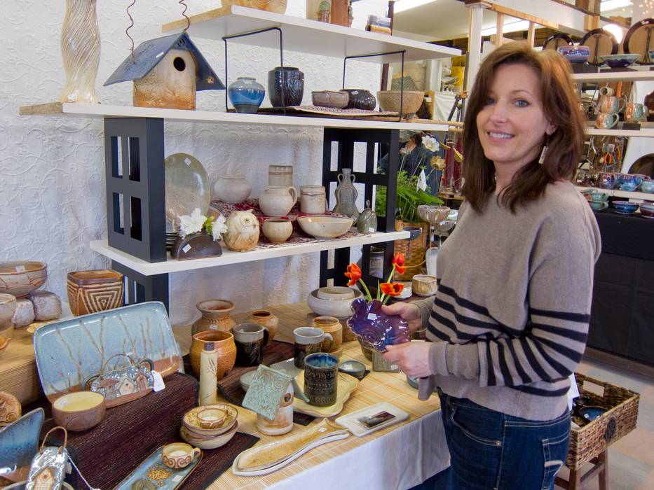 Lisa Mistretta and some of her work.<br />May 5, 2012 - Purple Sage Pottery, Merrimac, Massachusetts.