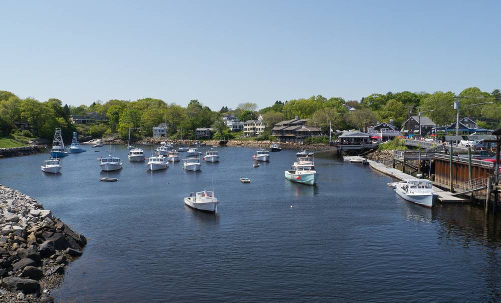 Perkins Cove harbor from bridge over the cove.<br />May 20, 2012 - Perkins Cove, Ogunquit, Maine.