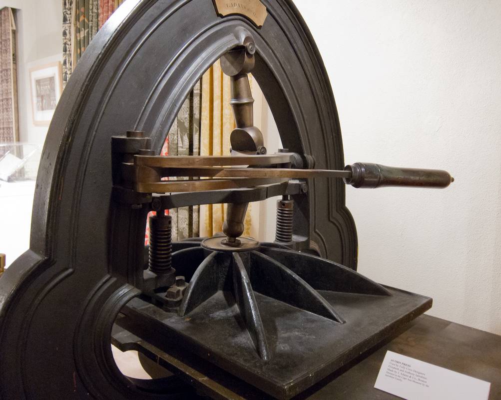 Hand operated printing press.<br />June 2, 2012 - Cape Ann Museum, Gloucester, Massachusetts.