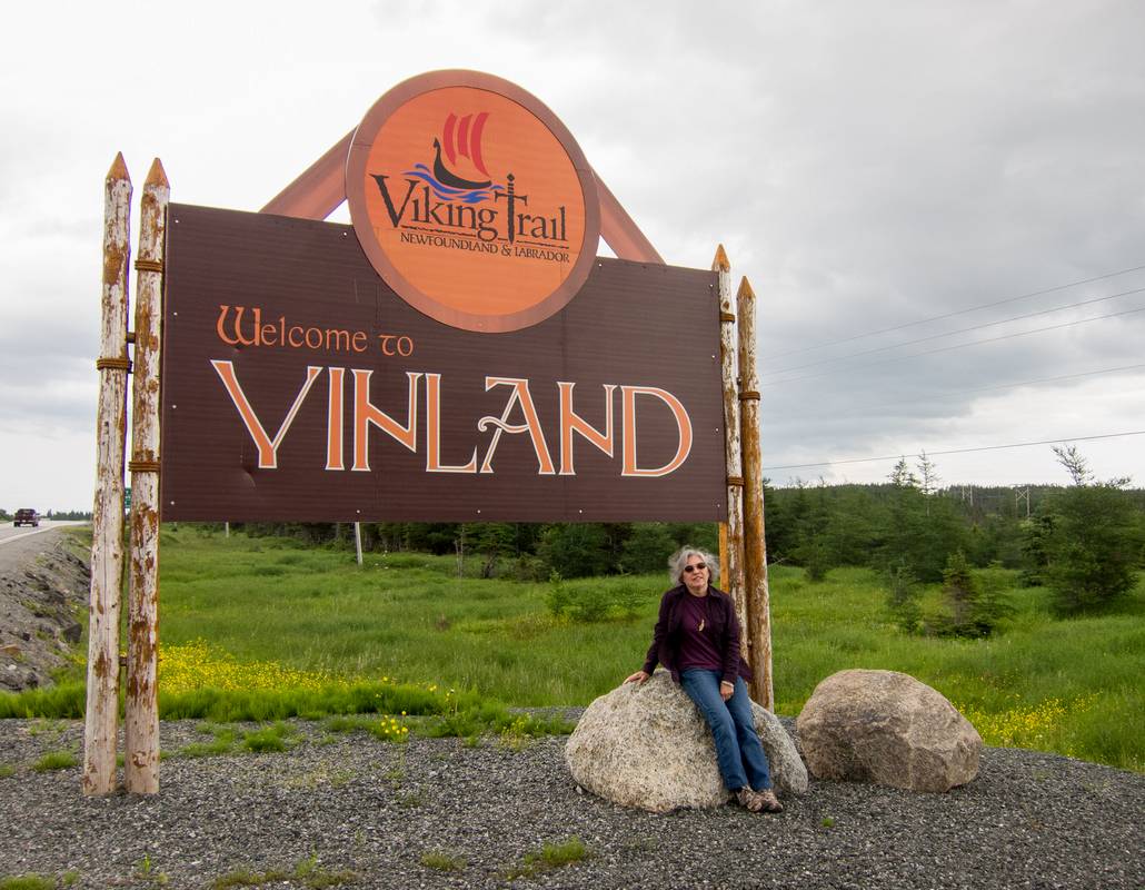 Joyce at Vinland sign.<br />July 8, 2012 - Rt. 430 just NW of intersection with Rt. 436, Newfoundland, Canada.