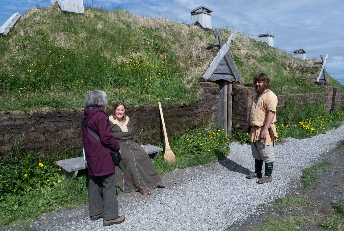 Joyce and two settlement locals.<br />July 11, 2012 - L'Anse aux Meadows National Historic Site, Newfoundland, Canada.