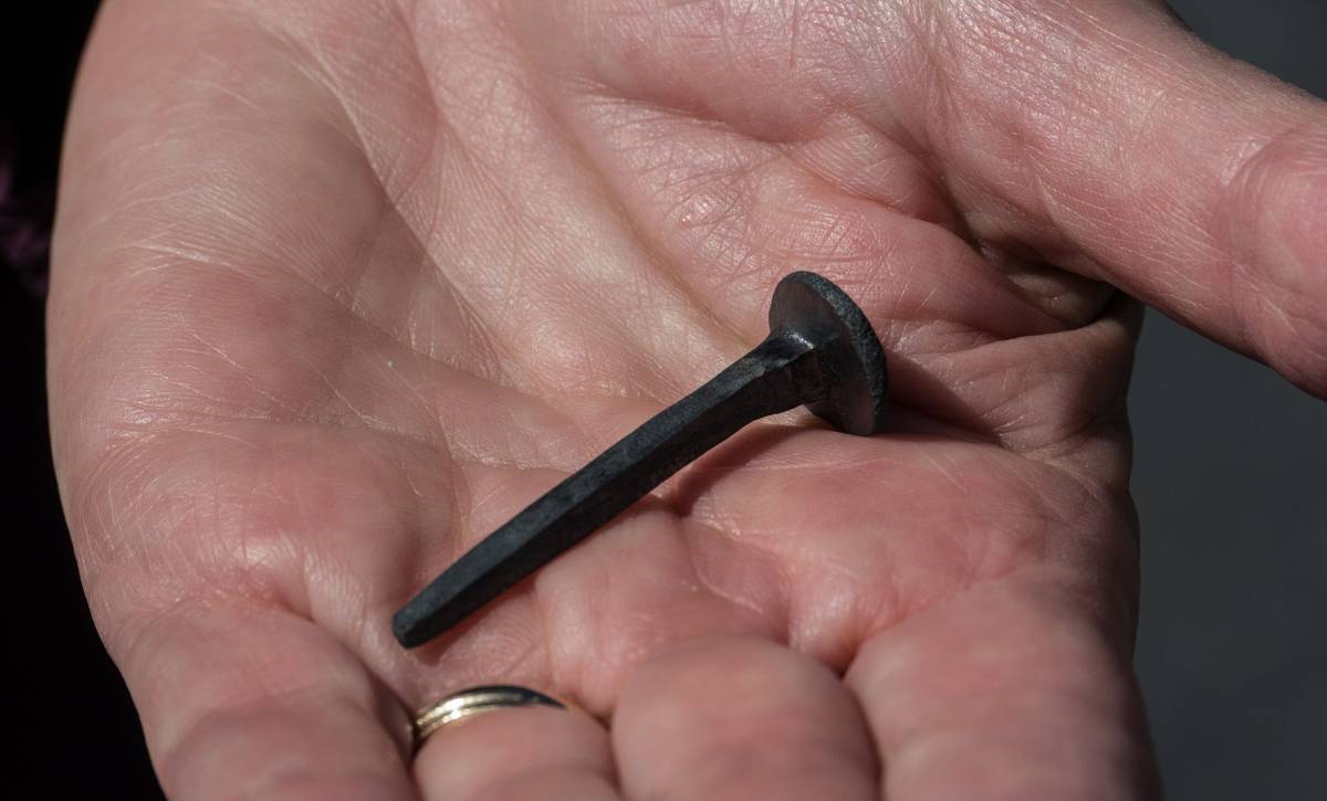 The nail that Joyce helped make.<br />July 11, 2012 - L'Anse aux Meadows National Historic Site, Newfoundland, Canada.