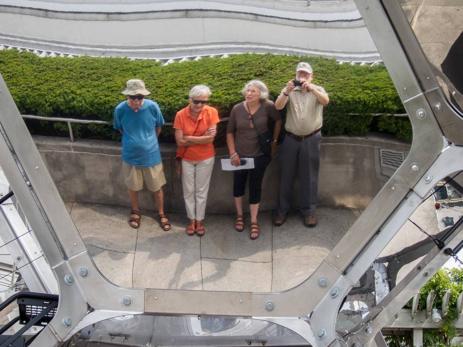 Ronnie, Baiba, Joyce, and Egils reflected in one of the panels of 'Cloud City'.<br />August 3, 2012 - Metropolitan Museum of Art, Manhattan, New York.
