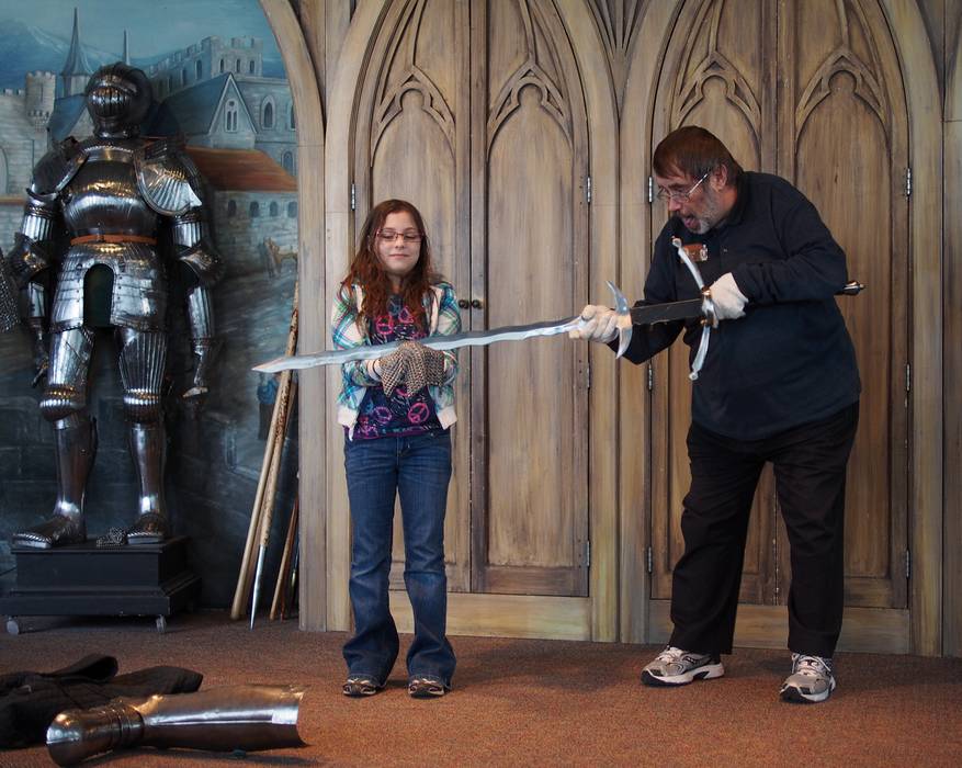 Miranda participating in a demo of the effectiveness of mail.<br />Nov. 25, 2012 - Higgins Armory, Worcester, Massachusetts.