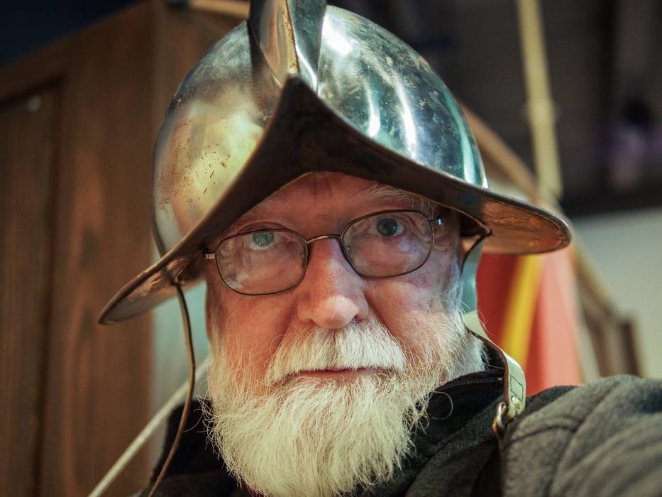 Egils under a Spanish conquistador helmet.<br />Nov. 25, 2012 - Higgins Armory, Worcester, Massachusetts.