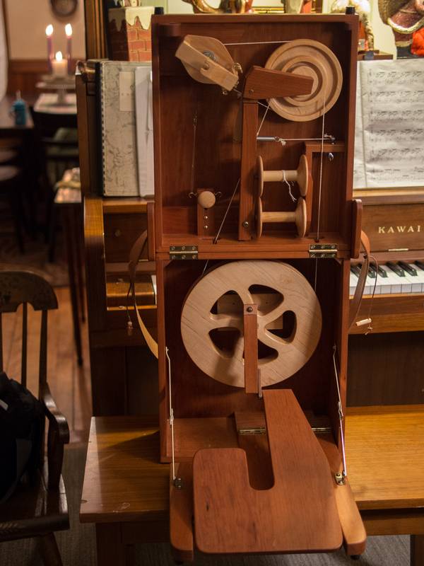 A foot operated spindle in a box.<br />Dec. 15, 2012 - At Ron and Kathie's in Merrimac, Massachusetts.