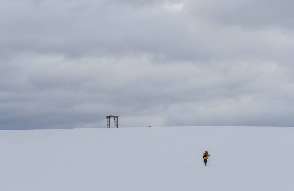 Joyce trekking up to Heaven's Bench.<br />On the Darling Hill Nordic Trails.<br />March 6, 2013 - Lyndonville, Vermont.