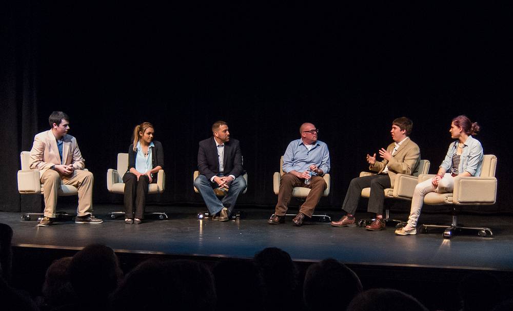 Tom Abrams and Matthew Quick and Newburyport High School students.<br />April 26, 2013 - Firehouse Center for the Arts, Newburyport, Massachusetts.