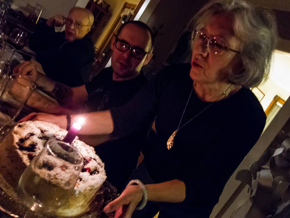 Joyce with birthday cake. John and Caray looking on.<br />Egils' birthday 2nd birthday celebration.<br />June 13, 2013 - Merrimac, Massachusetts.