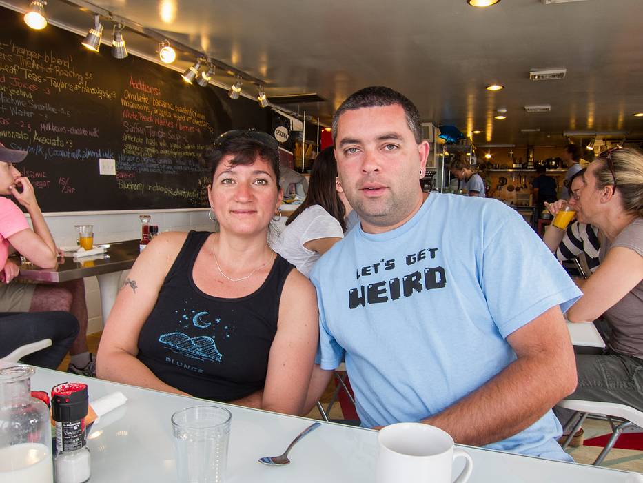 Melody and Sati.<br />Breakfast at Hangar B.<br />June 22, 2013 - Chatham airport, Chatham, Massachusetts.