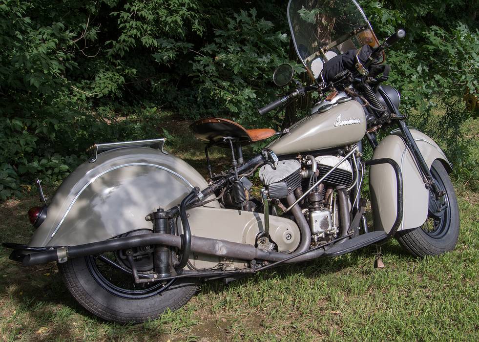 A 1950ish Indian motorcycle.<br />Antique auto show at Skips Snack Bar.<br />Juley 27, 2013 - Merrimac, Massachusetts.
