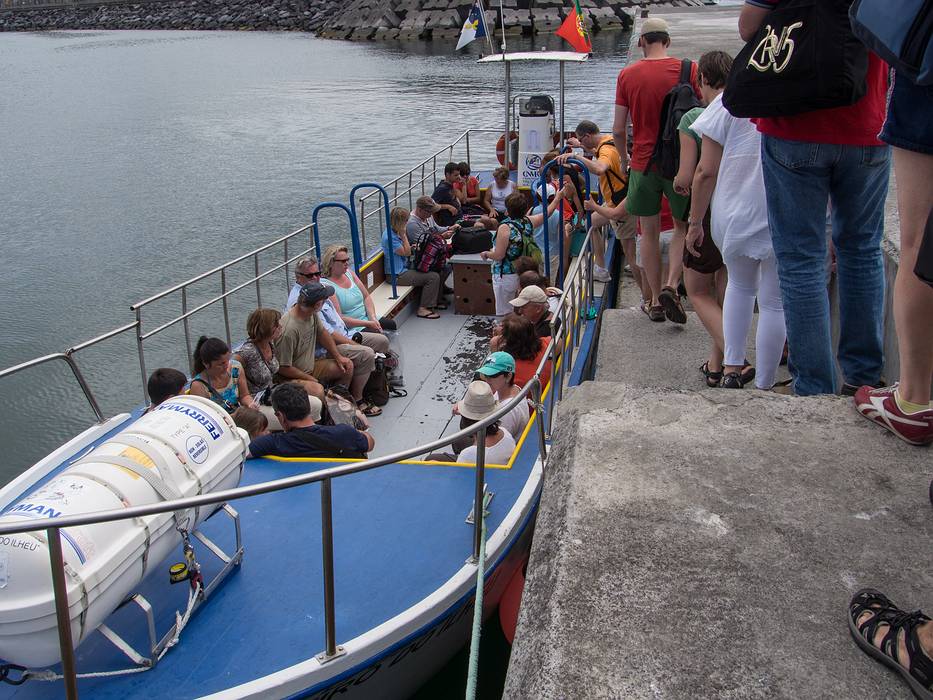 Boarding boat for Ilheu da Vila Franca (Island of Vila Franca).<br />July 10, 2013 - Vila Franca do Campo, Sao Miguel, Azores, Portugal.