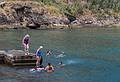 Joyce and Baiba about to test the water.<br />July 10, 2013 - On island off Vila Franca do Campo, Sao Miguel, Azores, Portugal.