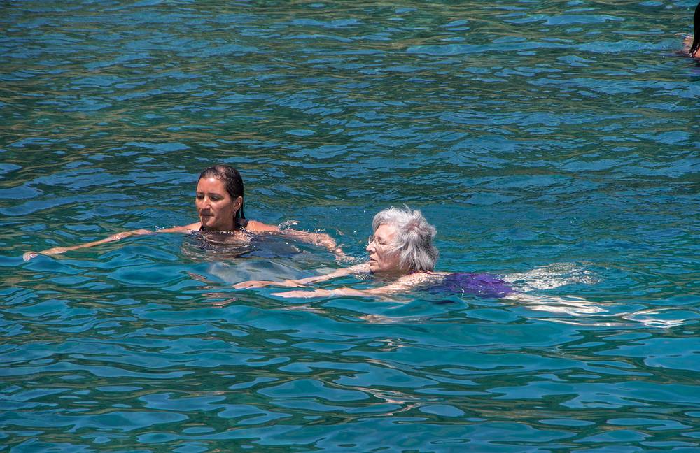 Melody and Joyce on their way back.<br />July 10, 2013 - On island off Vila Franca do Campo, Sao Miguel, Azores, Portugal.