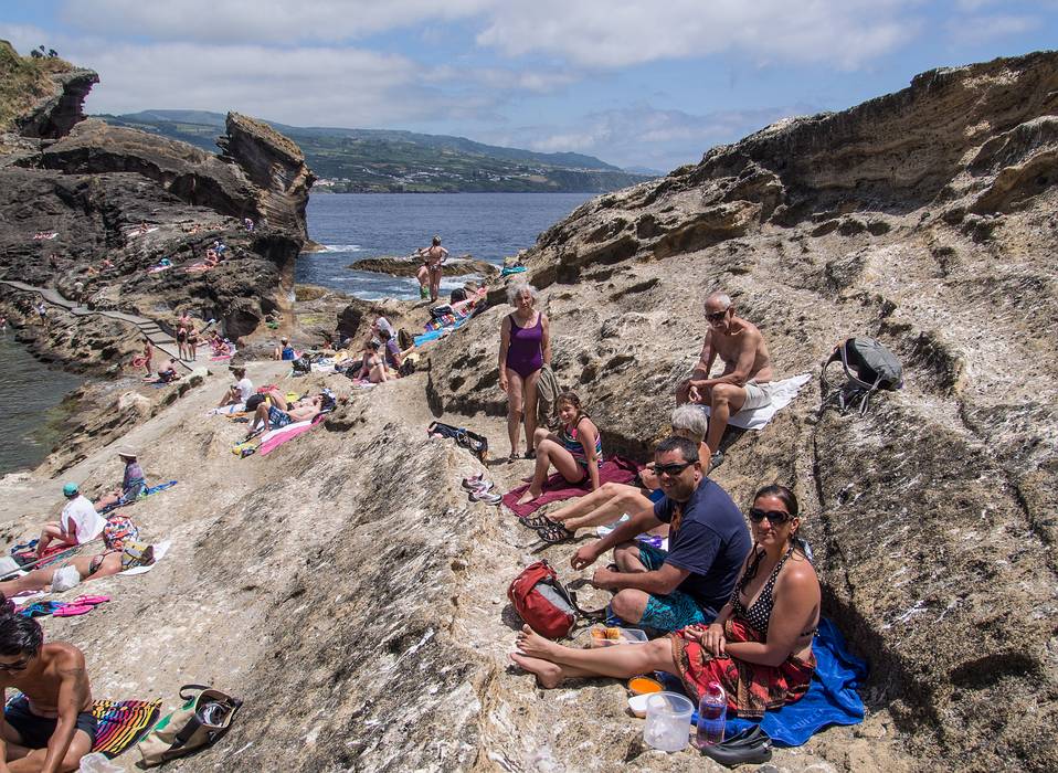 Joyce, Miranda, Ronnie, Baiba, Sati, and Melody at our lunch spot.<br />July 10, 2013 - On island off Vila Franca do Campo, Sao Miguel, Azores, Portugal.