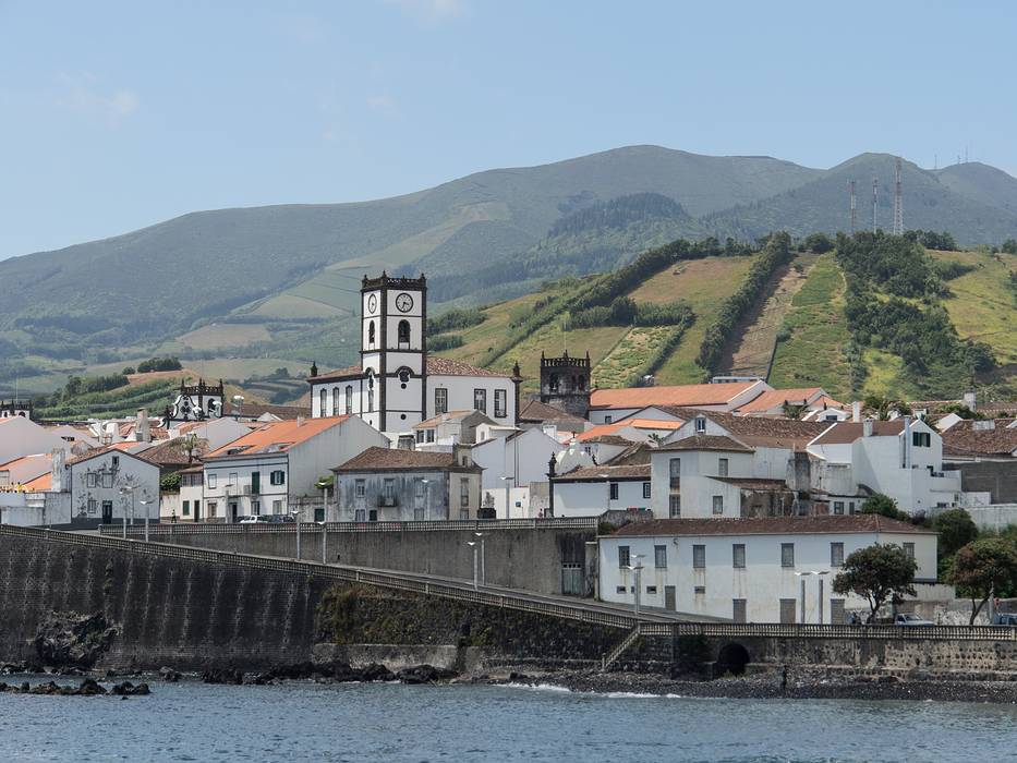Church and part of town from pier.<br />July 10, 2013 - Vila Franca do Campo, Sao Miguel, Azores, Portugal.