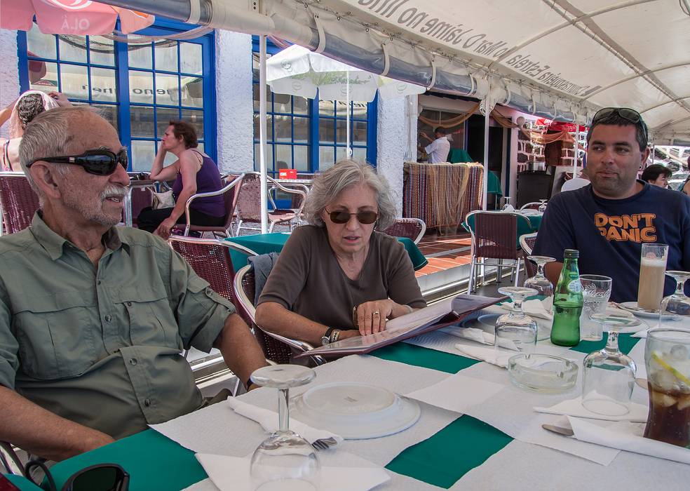 Ronnie, Joyce, and Sati in restaurant overlooking the harbor.<br />July 10, 2013 - Vila Franca do Campo, Sao Miguel, Azores, Portugal.