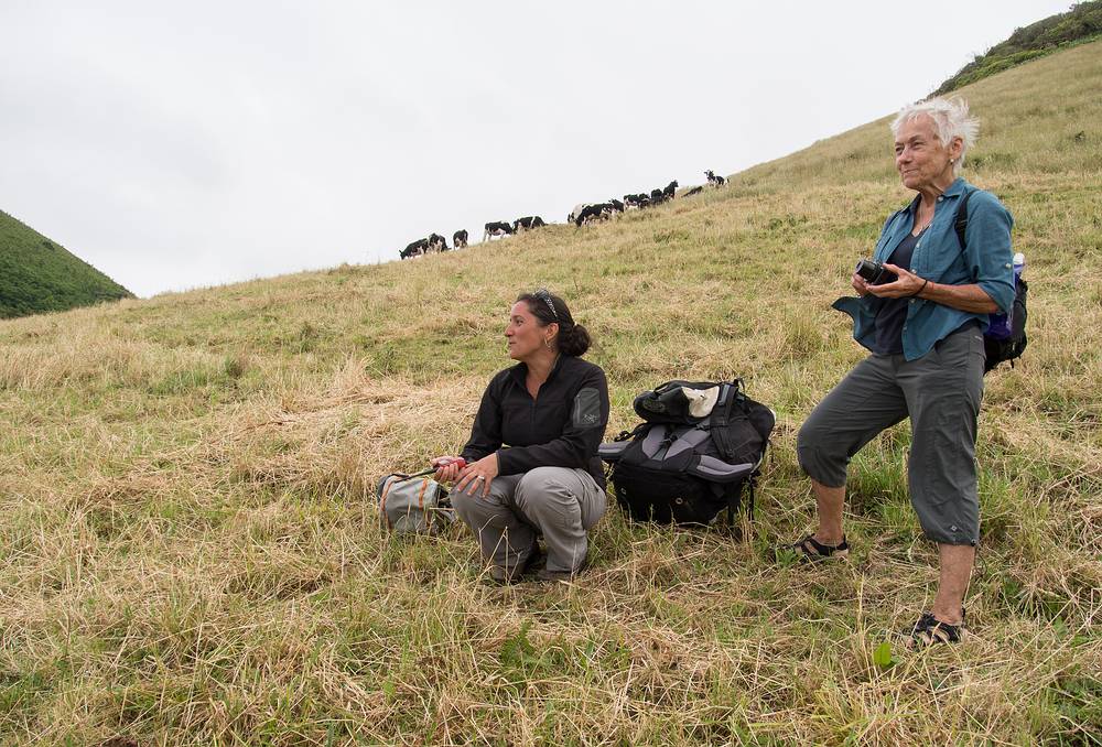 Melody and Baiba watching Sati paraglide.<br />July 10, 2013 - About a mile SE of Sao Vicente Ferreira, Sao Miguel, Azores, Portugal.
