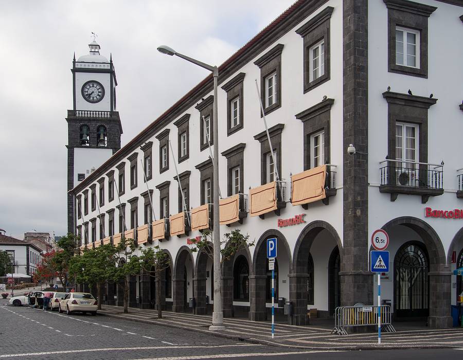 Building on corner of Gonzalo Velho Cabral and Avenida Infante Dom Henrique.<br />The Church of St. Sebastian is behind the building.<br />July 10, 2013 - Ponta Delgada, Sao Miguel, Azores, Portugal.