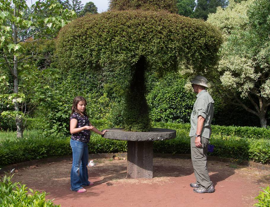 Miranda and Ronnie under a greenery fountain.<br />July 11, 2013 - At the Terra Nostra Gardens in Furnas, Sao Miguel, Azores, Portugal.