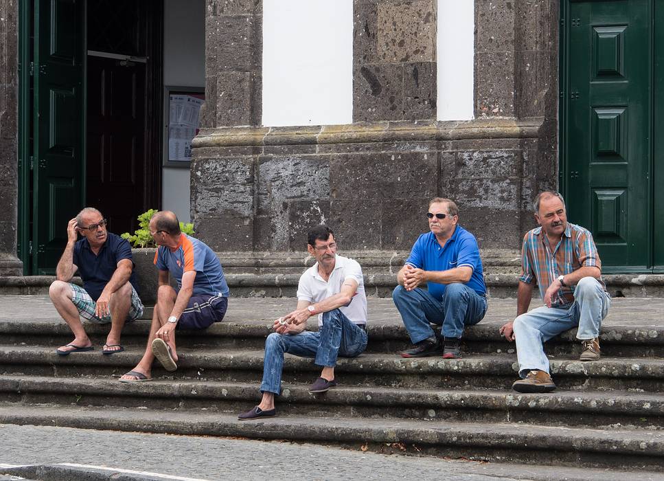 The locals hanging out on the steps of the church.<br />July 12, 2013 - Lagoa, Sao Miguel, Azores, Portugal.