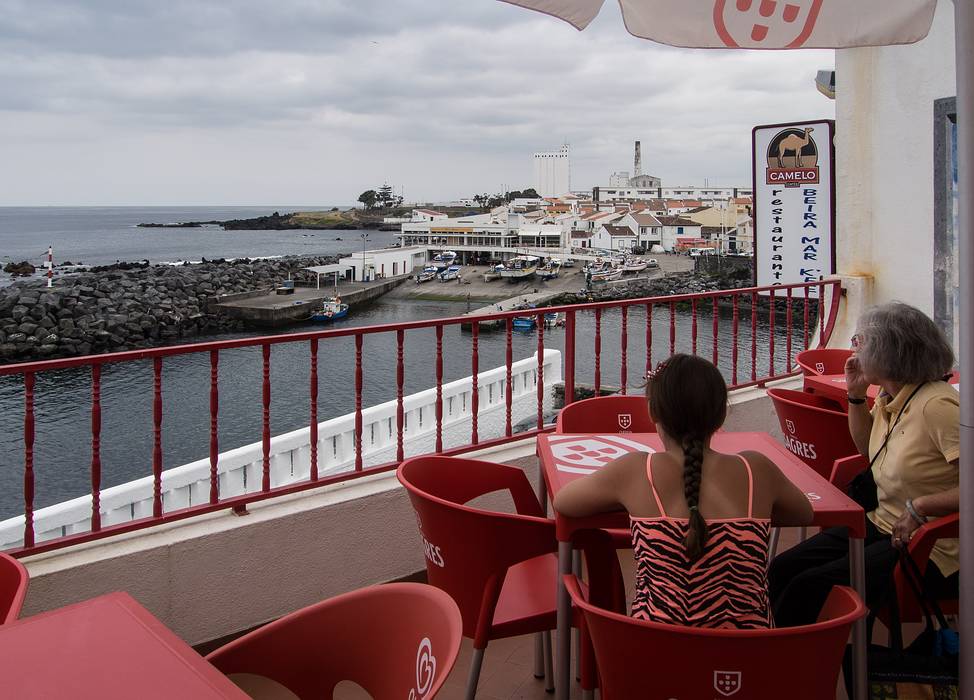 Miranda and Joyce.<br />Bar do Felix overlooking the harbor and the swimming pool complex.<br />July 12, 2013 - Lagoa, Sao Miguel, Azores, Portugal.