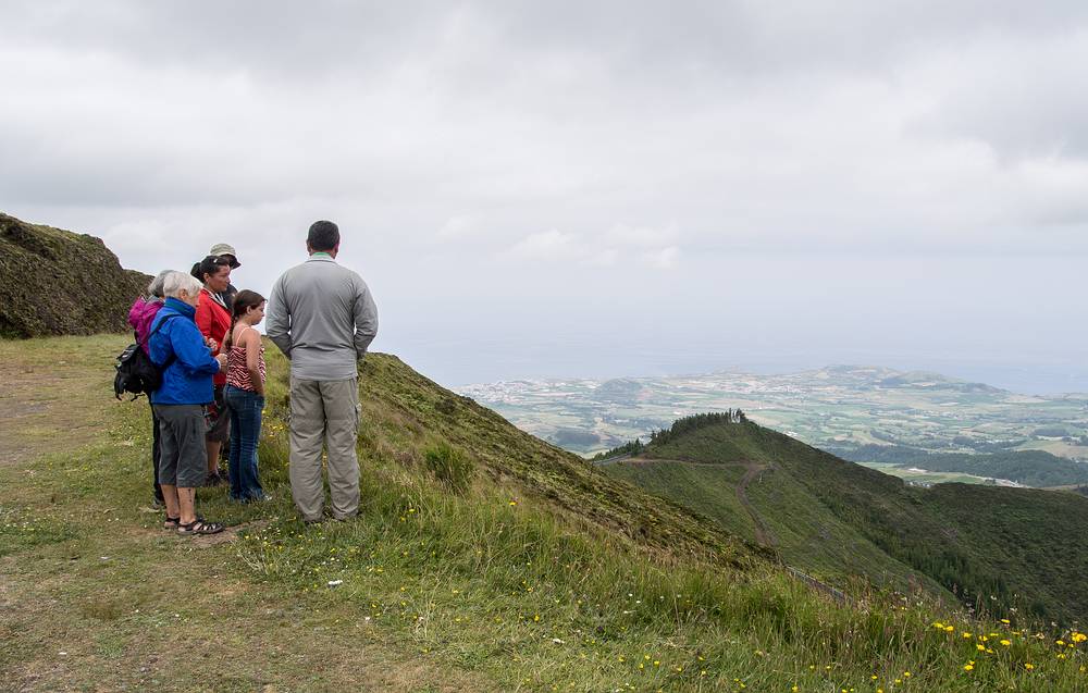 Joyce, Baiba, Melody, Ronnnie, Miranda, and Sati.<br />View NW to the north shore of the island.<br />July 12, 2013 - Pico do Fogo, Sao Miguel, Azores, Portugal.