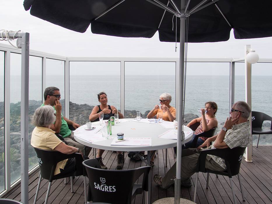 Joyce, Sati, Melody, Baiba, Miranda, and Ronnie.<br />Time to enjoy some drinks and appetizers.<br />July 12, 2013 - At the Tuka-Tula Bar, Santa Barbara Beach, Sao Miguel, Azores, Portugal.