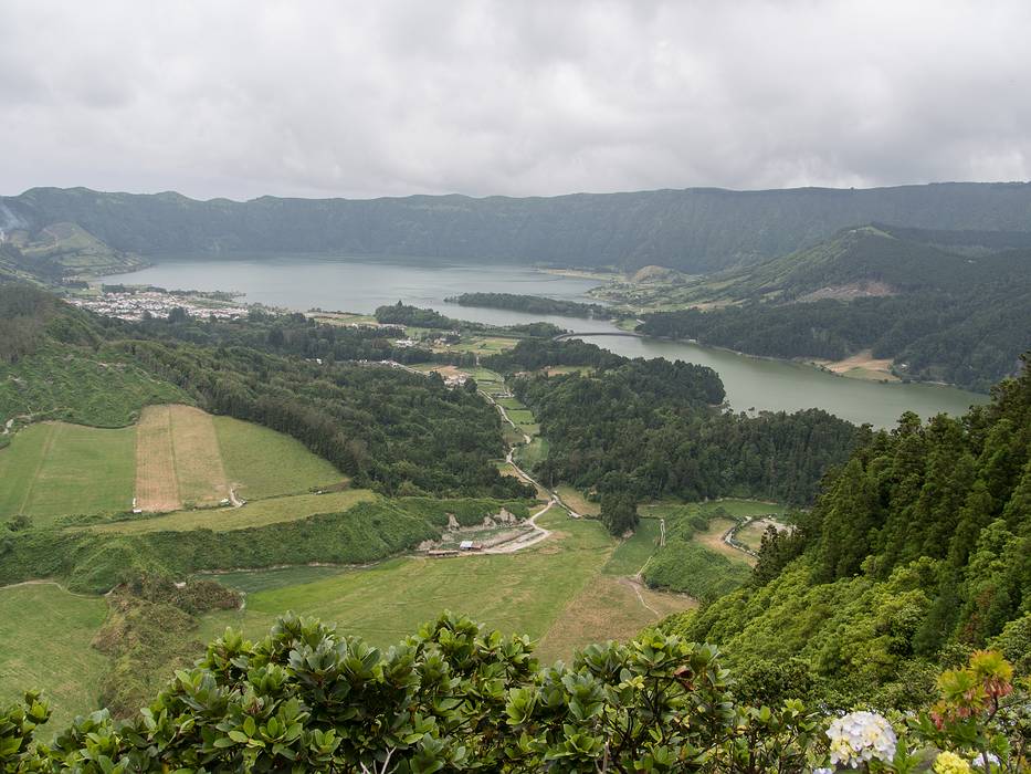 Blue Lake and Green Lake inside the crater.<br />July 13, 2013 - Hike along rim of crater at Sete Cidades, Sao Miguel, Azores, Portugal.