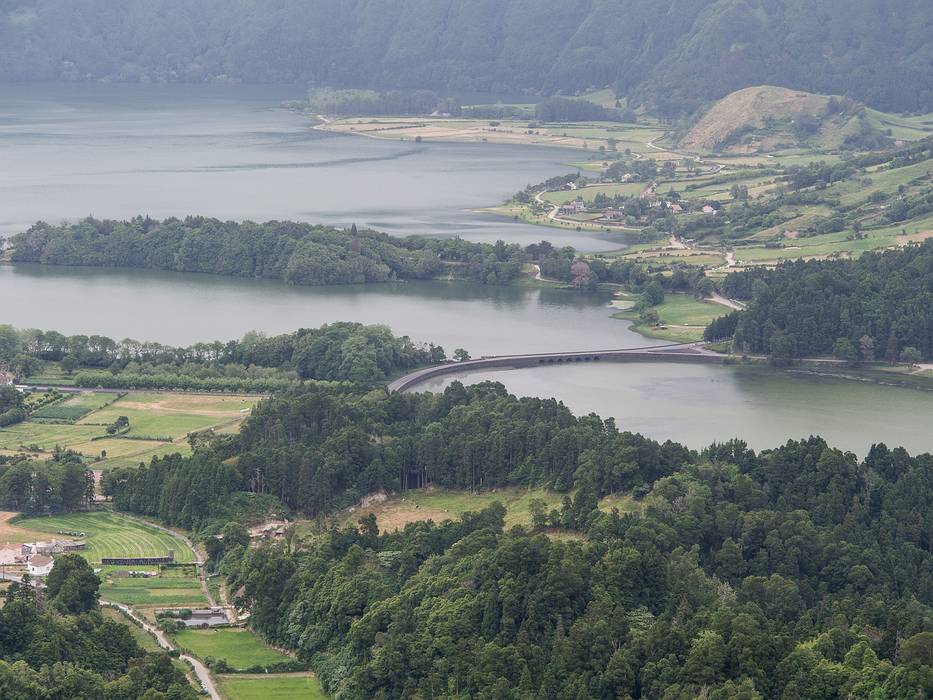 The causeway separating Blue Lake and Green Lake.<br />July 13, 2013 - Hike along rim of crater at Sete Cidades, Sao Miguel, Azores, Portugal.