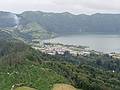 The town of Sete Cidades on the shores of Blue Lake.<br />July 13, 2013 - Hike along rim of crater at Sete Cidades, Sao Miguel, Azores, Portugal.